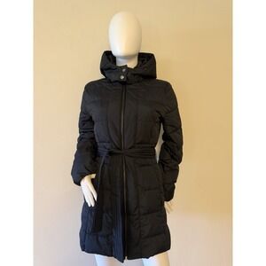 Gap Women's Black Quilted Belted Hooded Mid-Length Puffer Coat Size S
